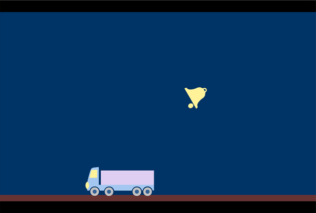 Skybells screenshot, showing the truck and a bell falling from the sky.